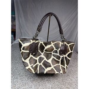 Giraffe Print Faux Leather Satchel Tote Bag Brown Handles Women’s